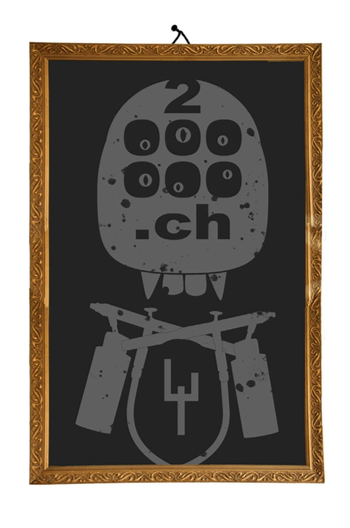 A sticker showing a framed canvas with a strange skull with 6 eyes forming the URL 2000000.ch and airbrush pistols underneath