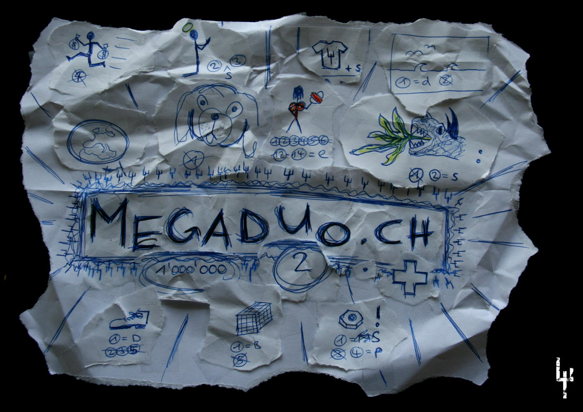 A flyer showing a piece of paper with an image riddle. Solution: Die besten T-Shirts der Welt und andere Sachen. Du bist super!