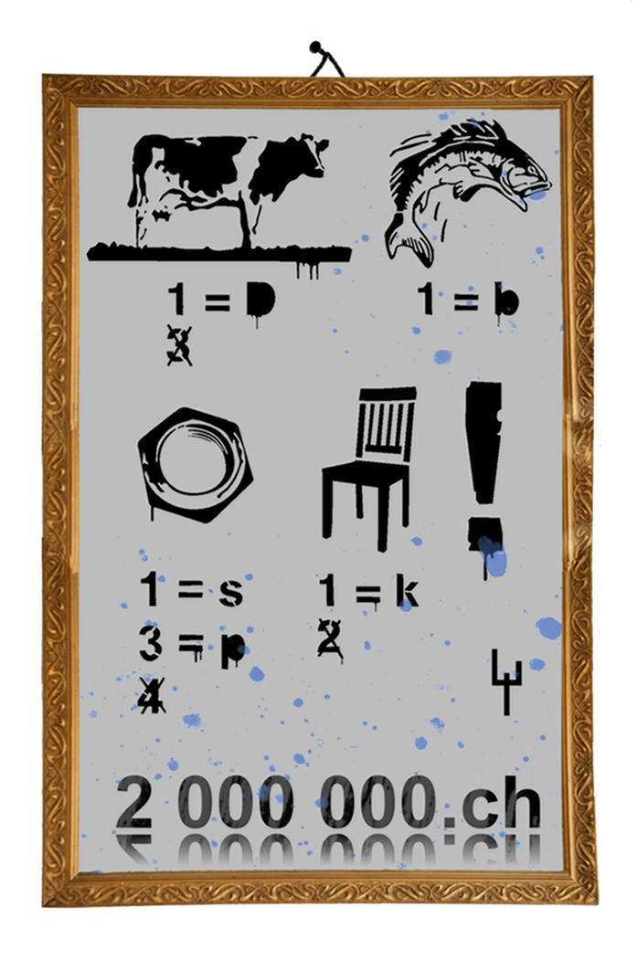 A sticker showing a framed canvas with an image riddle forming the Swiss German sentence: Du bisch super kuhl!