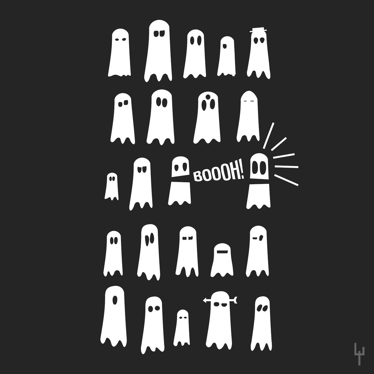 A graphic showing many cute ghosts scaring each other