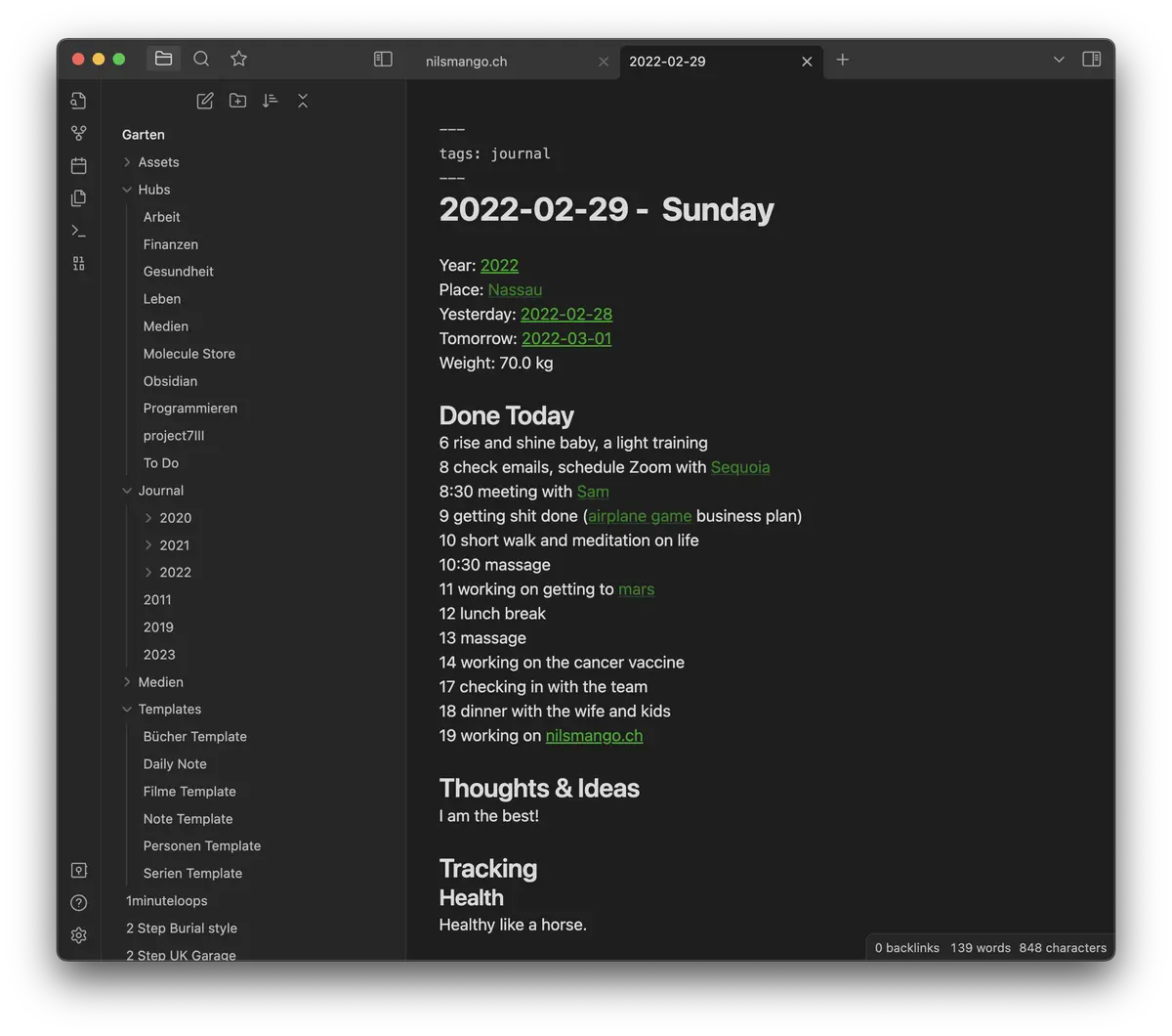 The app Obsidian open at a daily journal